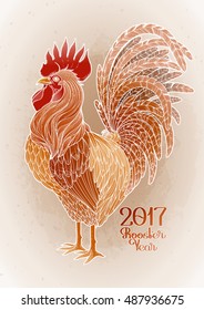 Graphic rooster drawn in line art style. Symbol of 2017 year isolated on the white background in contrast colors.