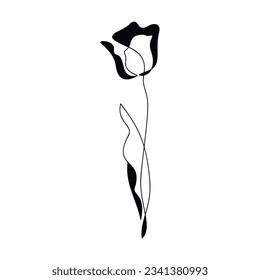 Graphic rose flower leaves icon vector. Hand drawn tulip, linear contour silhouette. Floral drawing, design, print, beauty branding, card, poster, shop logo, sign, symbol. Botanical illustration.