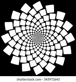 a graphic rosette of rounded angles squares in concentric circles transforming to dots.