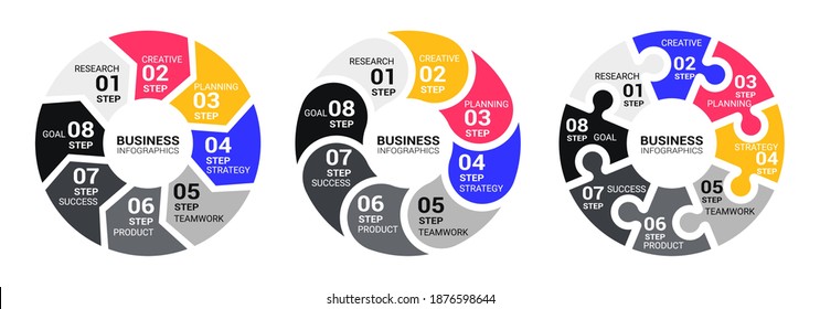 Graphic Round Chart Infographic Template with a Eight Steps for Success. Business Circle Template with Options for Brochure, Diagram, Workflow, Timeline, Number Options. Vector EPS 10