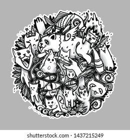 Graphic round composition with cats with different expressions and emotions. The illustrated element can be used for printing. 