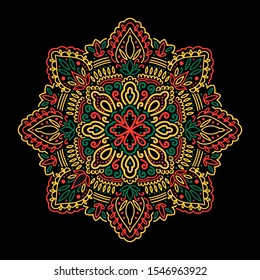 Graphic round mandala abstract isolated in black background..Boho indian shape.Ethnic oriental style.vector illustration.