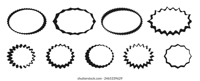 Graphic round and oval design frames. Set of wavy zigzag lines round sticker. Wavy frames for templates, stickers, , web design. Vector illustration