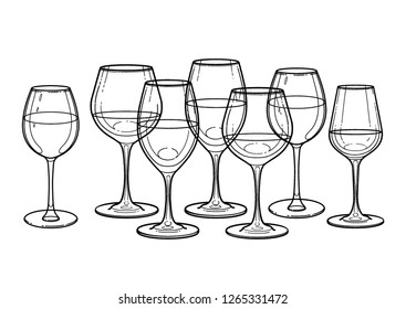 Graphic row of wine glasses. Vector design isolated on white background