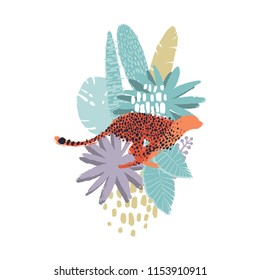 Graphic running cheetah surrounded by exotic plants. Vector african art drawn with rough brush in soft colors