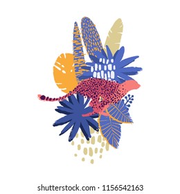 Graphic running cheetah surrounded by exotic plants. Vector african art drawn with rough brush in vibrant colors