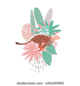 Graphic running cheetah surrounded by exotic plants. Vector african art drawn with rough brush in gentle colors