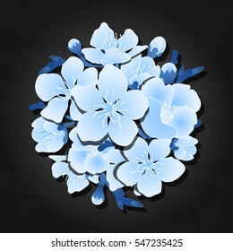 Graphic sakura flowers in the shape of circle. Traditional symbol of spring in Japan. Vector floral vignette isolated on the chalkboard