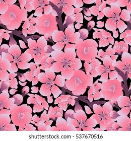 Graphic sakura flowers. Traditional symbol of spring in Japan. Vector seamless pattern