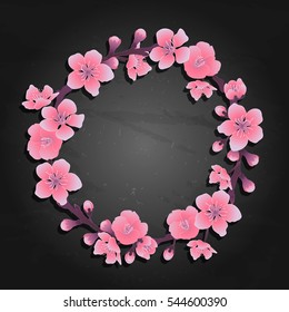 Graphic sakura wreath. Traditional symbol of spring in Japan. Vector floral design isolated on the chalkboard