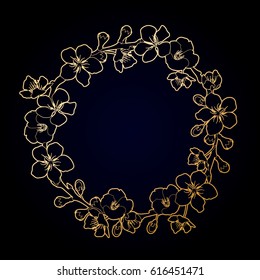 Graphic sakura wreath. Traditional symbol of spring in Japan. Vector floral design isolated on white background