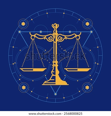 graphic of scales with futuristic element presented by Tarot card style