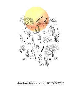 Graphic Scandinavian motives.Hand drawn sketches. Minimalistic graphics