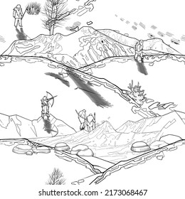 Graphic scene of cavemen in a snowy mountain landscape. Vector repeated seamless pattern of the Ice Age