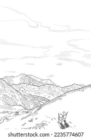 Graphic scene of cavemen in a snowy mountain landscape. Vector graphic illustration of the Ice Age
