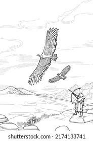 Graphic scene of a primordial archer hunting on a two teratorns flying in the sky above the snowy mountain landscape. Vector graphic illustration of the Ice Age