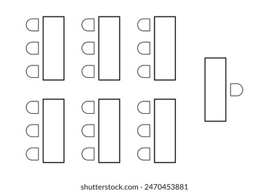 Graphic schema of seats in classroom. Lectorium, meeting or conference, training, seminar or business event seatings arrangement. Desks and chairs icons. Auditorium plan top view. Vector illustration.