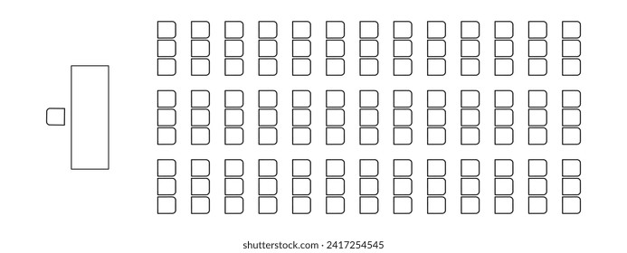 Grafisches Schema der Sitze in den Vorträgen, Sitzungen, Konferenzen, Schulungen, Seminaren, Geschäftstreffen. Symbole für Schreibtische und Stühle. Möbelsymbole. Sitzplan für Auditorium mit Draufsicht. Vektorgrafik