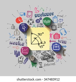 Graphic scheme collage with icons background. Vector illustration