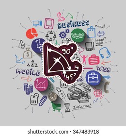 Graphic scheme collage with icons background. Vector illustration