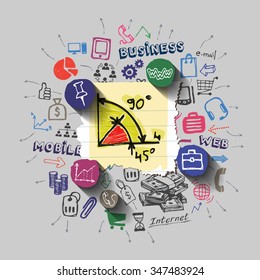 Graphic scheme collage with icons background. Vector illustration