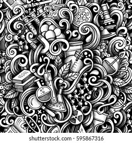 Graphic Science hand drawn artistic doodles seamless pattern. Monochrome, detailed, with lots of objects vector trace background