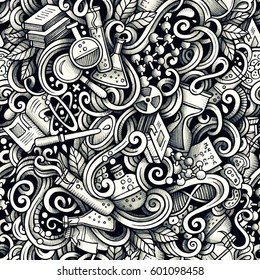 Graphic Science hand drawn artistic doodles seamless pattern. Monochrome, detailed, with lots of objects vector trace background