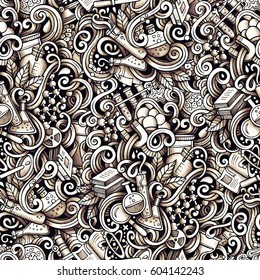 Graphic Science hand drawn artistic doodles seamless pattern. Monochrome, detailed, with lots of objects vector trace background