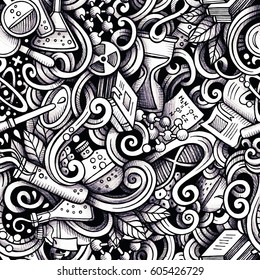 Graphic Science hand drawn artistic doodles seamless pattern. Monochrome, detailed, with lots of objects vector trace background