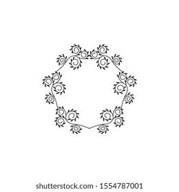 Graphic scroll holiday wreath or vintage black floral curves with leaves vector illustration isolated on white background. Retro elegant decoration frame element.