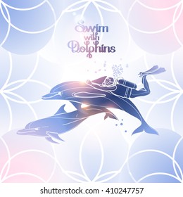 Graphic scuba diver riding the dolphin. Summer underwater activity. Sea and ocean vector creatures in pink and blue colors. Vector isolated art