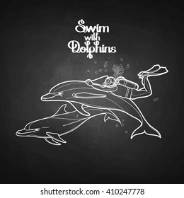 Graphic scuba diver riding the dolphin. Summer underwater activity. Sea and ocean vector creatures in black and white colors. Vector art isolated on chalkboard