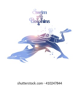 Graphic scuba diver riding the dolphin. Summer underwater activity. Sea and ocean vector creatures in pink and blue colors. Vector isolated art