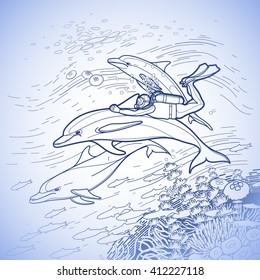 Graphic scuba diver riding the dolphin over the coral reef. Summer underwater activity. Sea and ocean vector creatures in blue  colors. Vector isolated art. Coloring book page design
