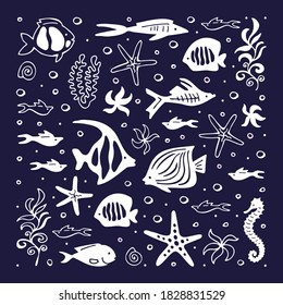 Graphic sea pattern with stylized white fishes on a blue background.  Vector illustration.