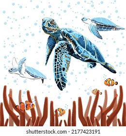 graphic sea turtle,vector illustration of sea turtle,vector of turtle design on a white background,save a turtle.