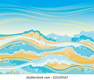 Graphic sea with waves and blue sky. Seascape vector illustration.