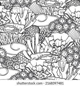 Graphic sea weeds, corals and ocean plants. Vector repeated seamless pattern