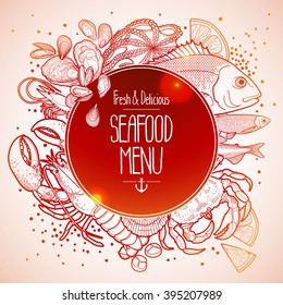 Graphic seafood menu design drawn in line art style. Sea and ocean creatures isolated on white background. Vector art in red colors