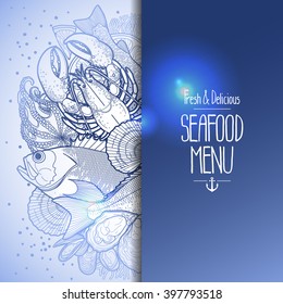 Graphic seafood menu design drawn in line art style. Sea and ocean creatures isolated on white background. Vector art in blue colors