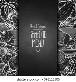 Graphic seafood menu design drawn in line art style. Sea and ocean creatures isolated on chalkboard