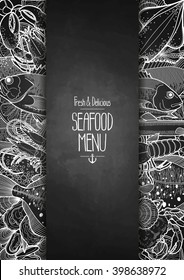 Graphic seafood menu design drawn in line art style. Sea and ocean creatures isolated on chalkboard