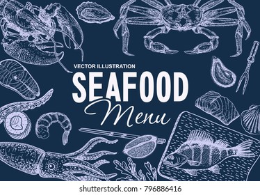 Graphic seafood menu design. Sea and ocean creatures on dark background.