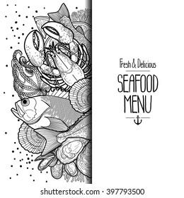 Graphic seafood menu drawn in line art style. Sea and ocean creatures isolated on white background. Coloring book page design