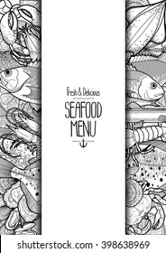 Graphic seafood menu drawn in line art style. Sea and ocean creatures isolated on white background. Coloring book page design