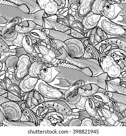 Graphic seafood seamless pattern. Sea and ocean creatures drawn in line art style in black and white colors.  Coloring book page design