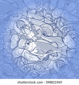 Graphic seafood seamless pattern. Sea and ocean vector creatures drawn in line art style in blue colors