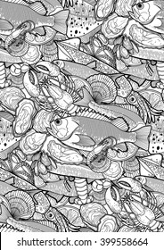 Graphic seafood seamless pattern. Sea and ocean creatures drawn in line art style in black and white colors. Coloring book page design for adults and kids