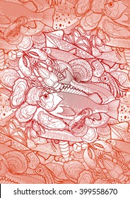 Graphic seafood seamless pattern. Sea and ocean vector creatures drawn in line art style in red colors