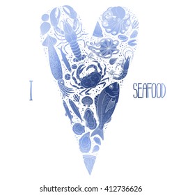 Graphic seafood in the shape of heart. Sea and ocean creatures isolated on white background